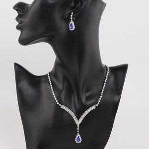 Royal Blue Teardrop Crystal Earrings And V Shape Pendant Bridal-Bridesmaid Set
